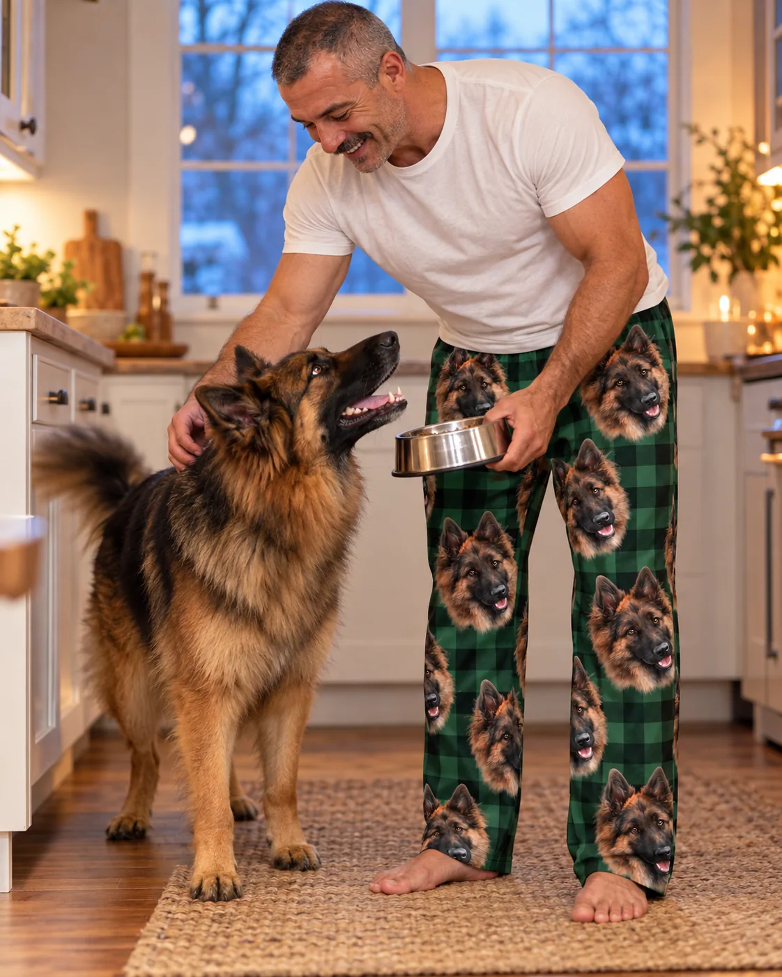 Man feeding his German Shepherd in the kitchen, wearing green plaid pajama pants with its face