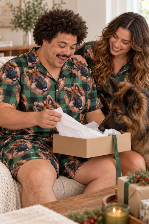 Couple in green plaid pajamas opening a gift box as their German shepherd sniffs the tissue
