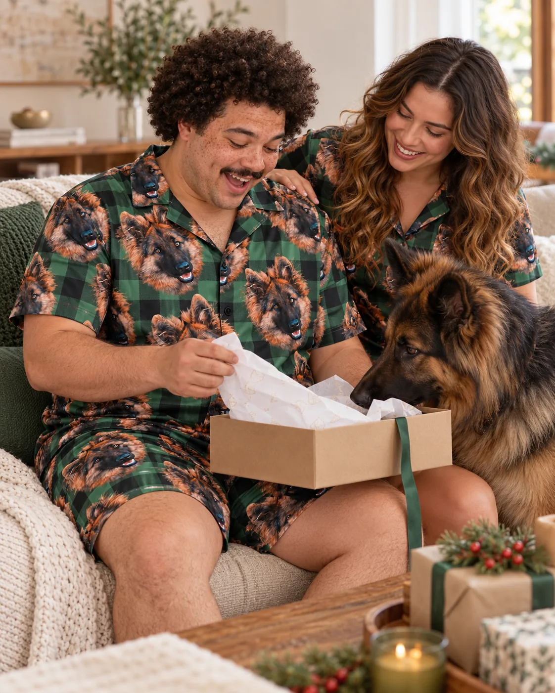 Couple in green plaid pajamas opening a gift box as their German shepherd sniffs the tissue