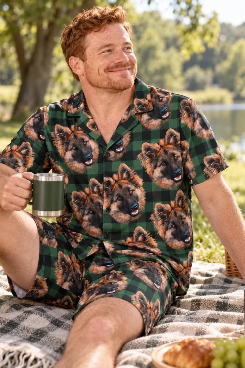 Man with a mug on a lakeside picnic blanket in green plaid pajamas with German shepherd faces