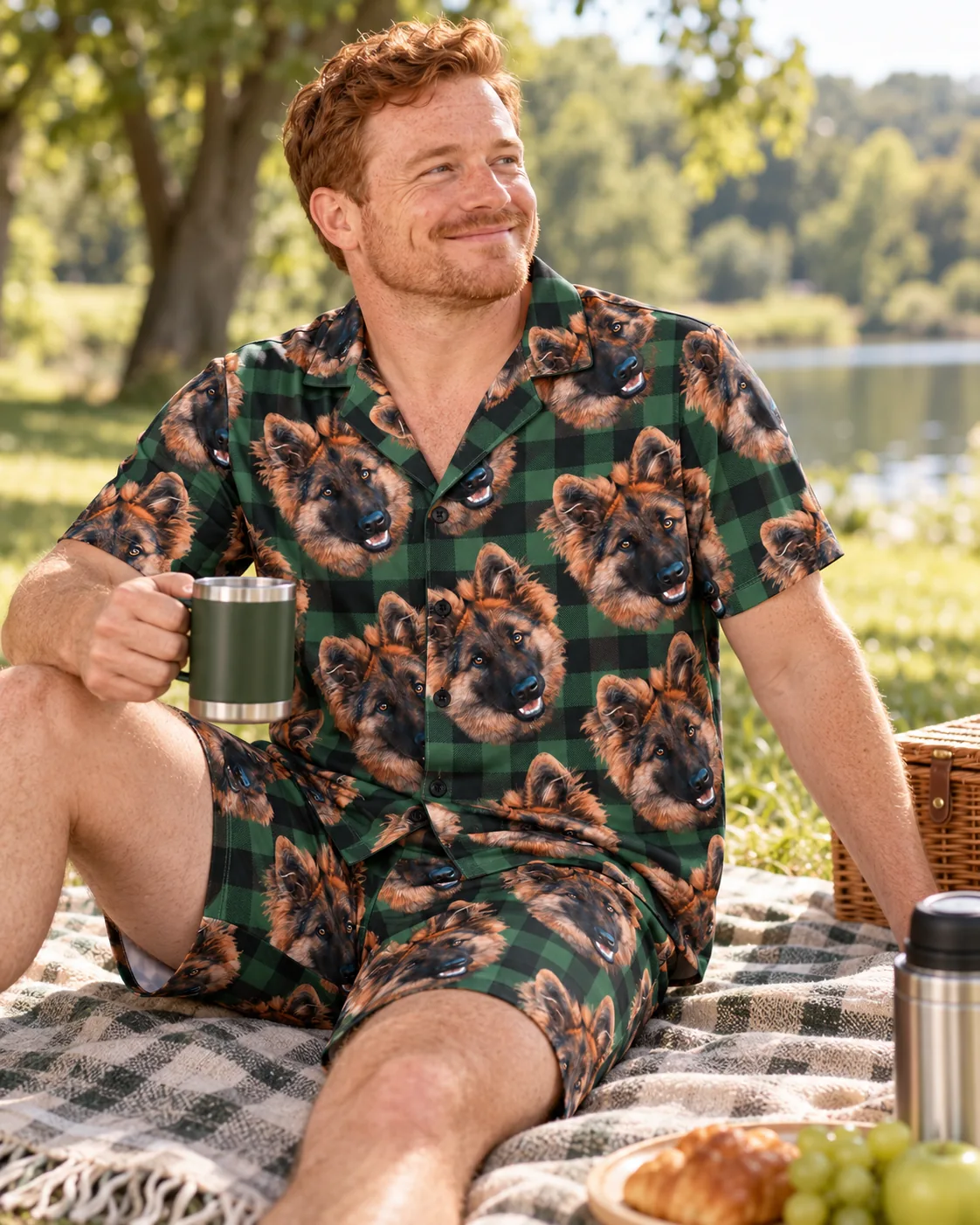 Man with a mug on a lakeside picnic blanket in green plaid pajamas with German shepherd faces