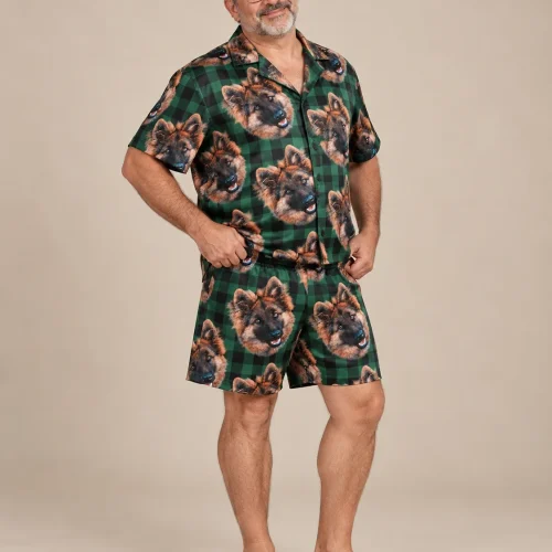 Men's Green Plaid Pajama Set with Your Pet's Face