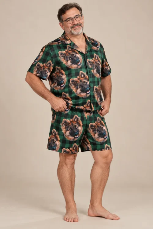 Men's Green Plaid Pajama Set with Your Pet's Face