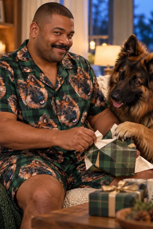 Man unwrapping a gift on the sofa with his German shepherd, wearing green plaid pajamas with its face