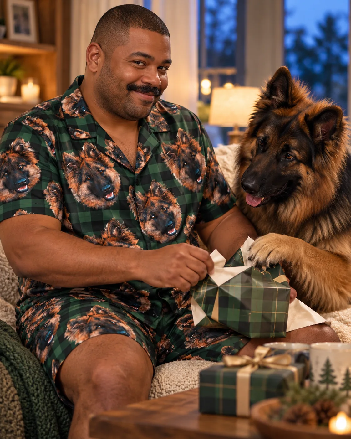 Man unwrapping a gift on the sofa with his German shepherd, wearing green plaid pajamas with its face