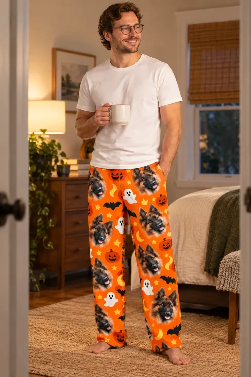 Man in orange Halloween pajama pants with German Shepherd faces and ghosts, holding a mug in a bedroom