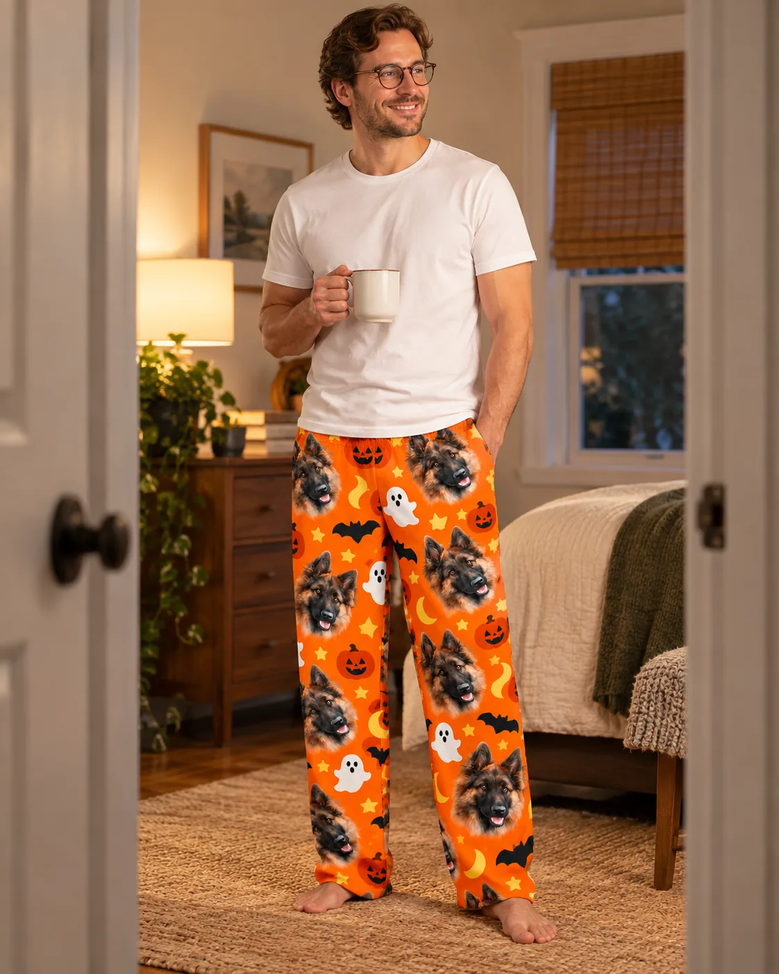 Man in orange Halloween pajama pants with German Shepherd faces and ghosts, holding a mug in a bedroom