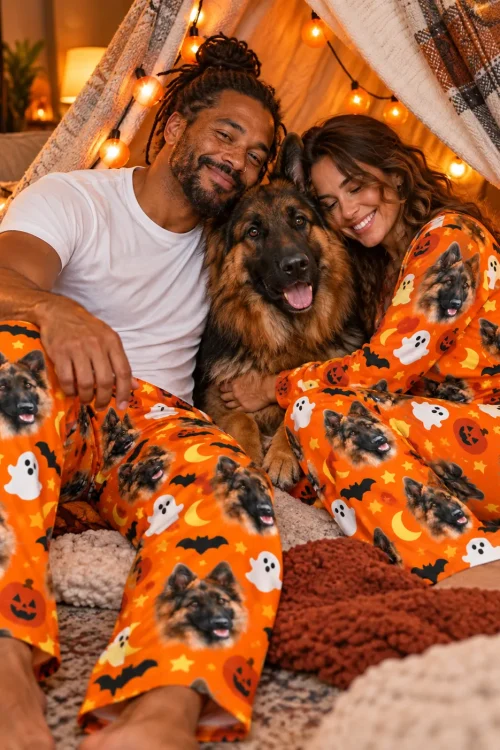 Couple in orange Halloween pajama pants with German Shepherd faces cuddling their dog in a blanket fort