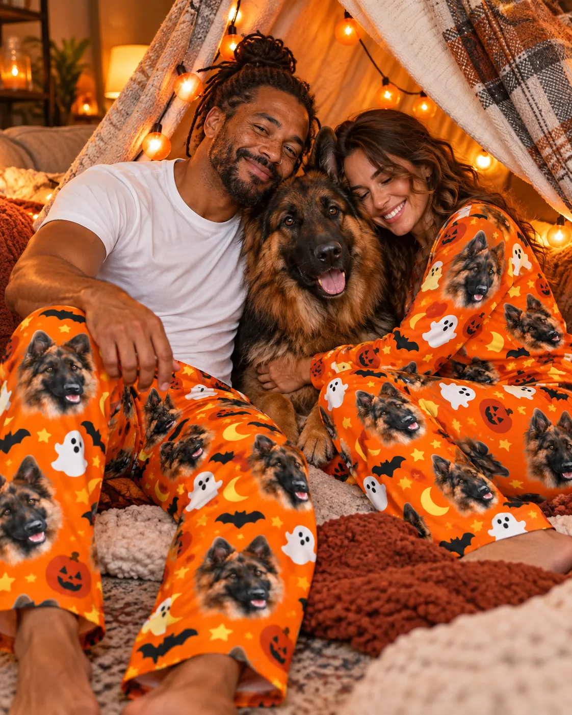 Couple in orange Halloween pajama pants with German Shepherd faces cuddling their dog in a blanket fort
