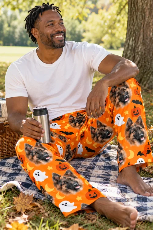 Man on a picnic blanket under a tree in orange Halloween pajama pants with German Shepherd faces