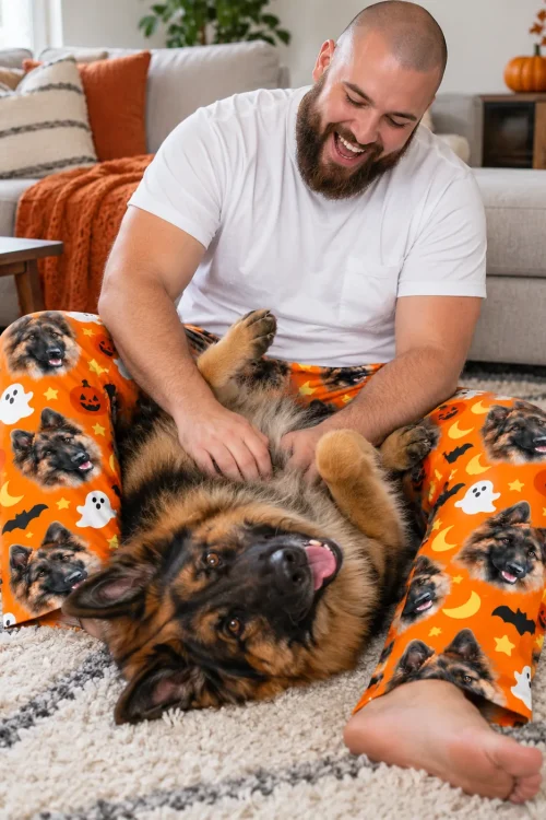 Bearded man rubbing his German Shepherd's belly while wearing orange Halloween pajama pants with its face