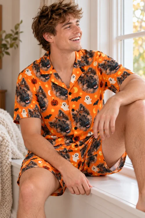 Man sitting on a window ledge in an orange Halloween pajama set with German shepherd faces and bats
