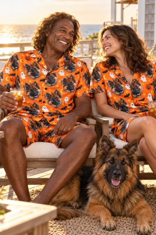 Couple with iced drinks on a seaside deck in orange Halloween pajama sets, their German shepherd in front