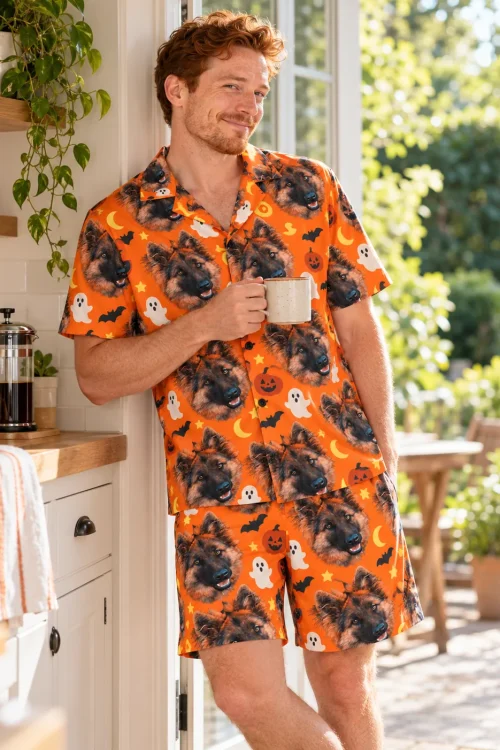 Man with a mug in a sunny kitchen doorway in an orange Halloween pajama set with German shepherd faces