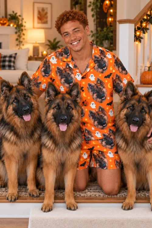 Man kneeling with three German shepherds in a pumpkin-decorated home, wearing an orange Halloween pajama set