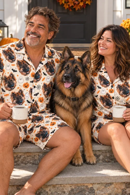 Couple with mugs on fall-decorated front steps in cream Halloween pajamas, their German shepherd between them