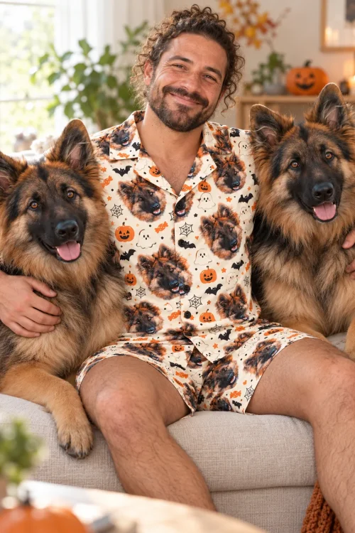 Man on a sofa between two German shepherds, wearing cream Halloween pajamas with ghosts and pumpkins