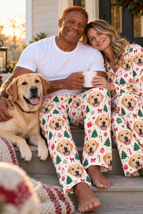 Couple hugging their yellow lab on the porch steps in Christmas cream labrador pajamas