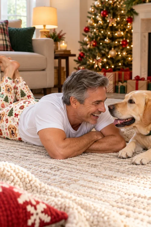 Man lying nose to nose with his yellow lab by the Christmas tree, in Christmas cream labrador pants