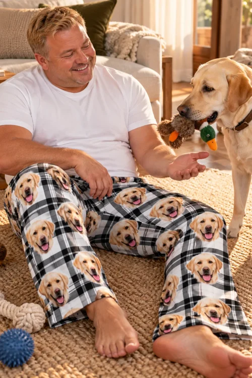 Man on a jute rug playing with his yellow lab and a duck toy, in white plaid labrador pajama pants
