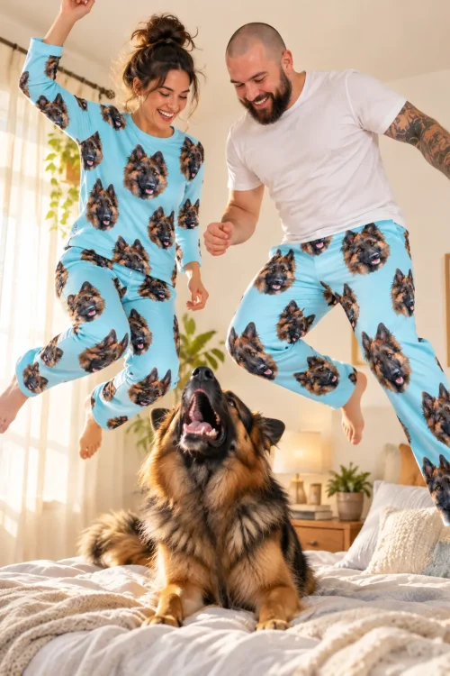 Couple in light blue pajama pants with German Shepherd faces jumping on a bed above their German Shepherd
