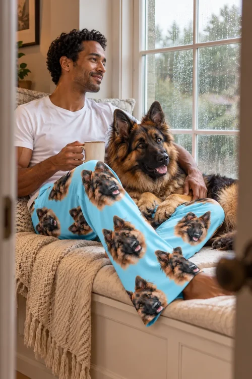 Man with coffee in a rainy window seat beside his German Shepherd, in light blue pet face pajama pants