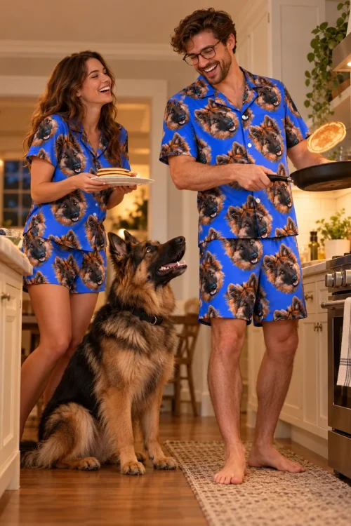 Couple making pancakes in matching royal blue pajama sets while their German shepherd watches