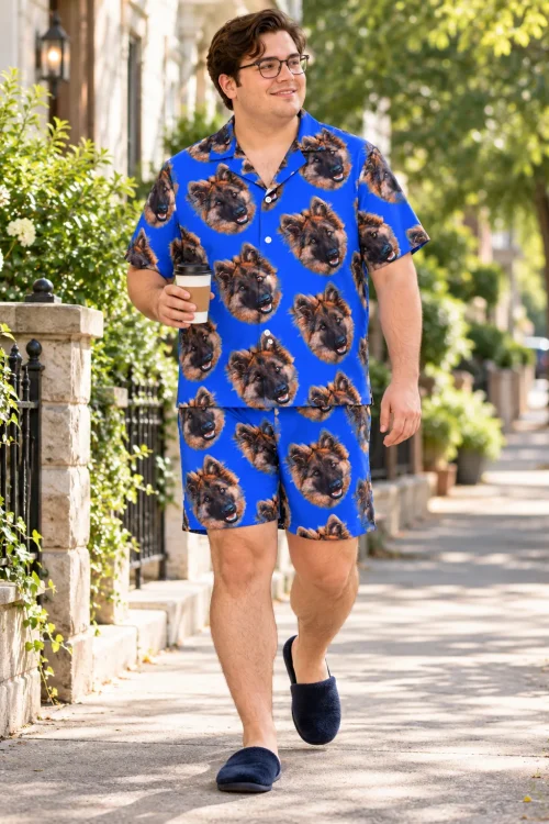Man with a coffee cup walking a leafy sidewalk in slippers and a royal blue pajama set