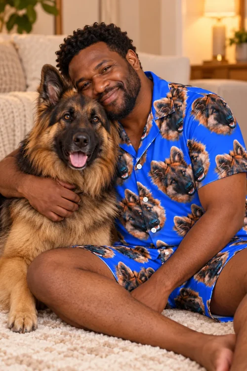 Man on a living room rug hugging his German shepherd, wearing a blue pajama set with its face