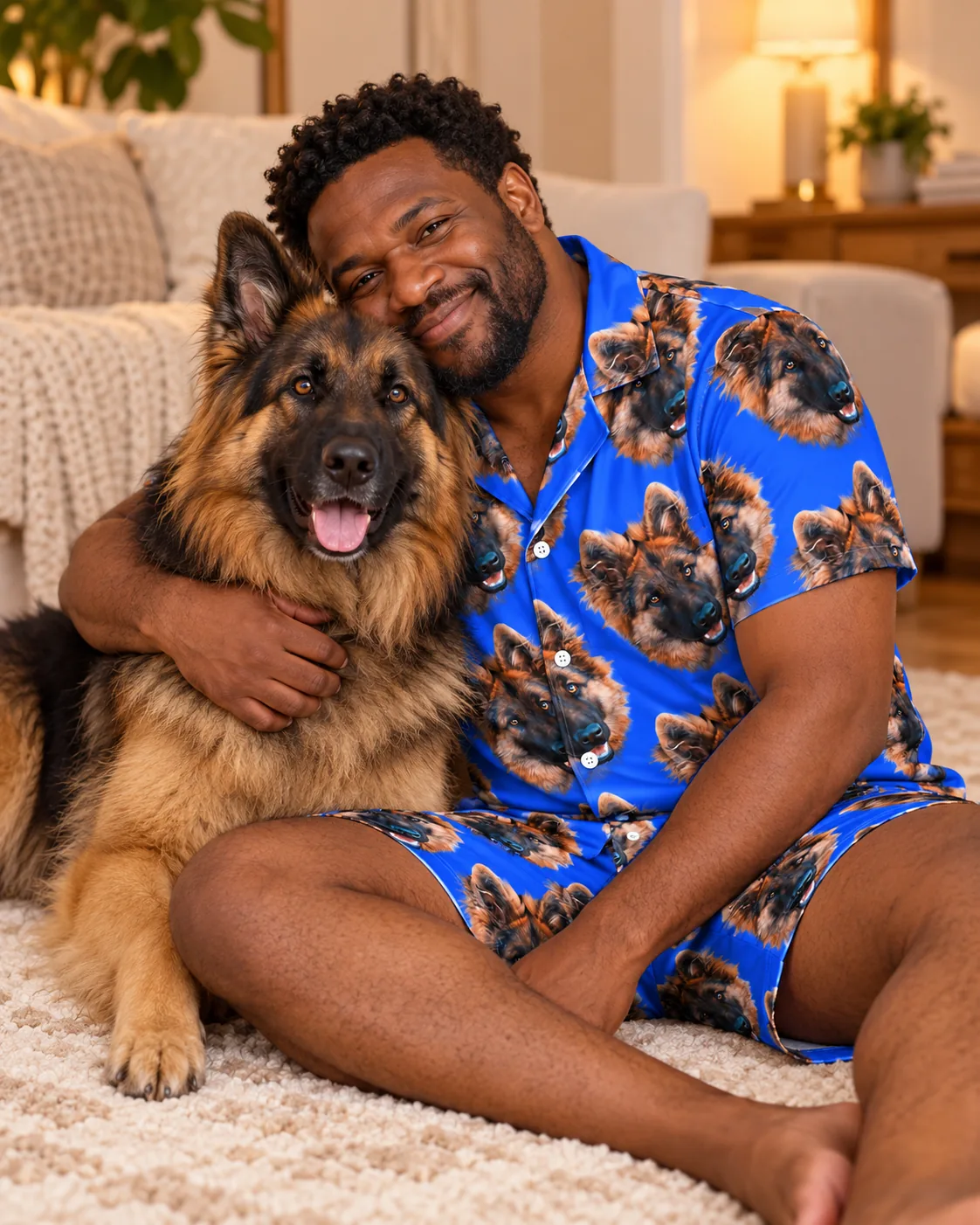 Man on a living room rug hugging his German shepherd, wearing a blue pajama set with its face