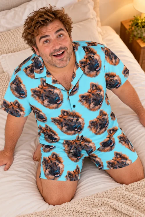 Man kneeling on a bed in a light blue shirt and pajama shorts covered in German shepherd faces