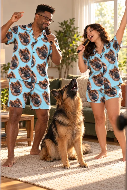 Couple singing into hairbrushes in light blue pajama shorts sets while their German shepherd howls along