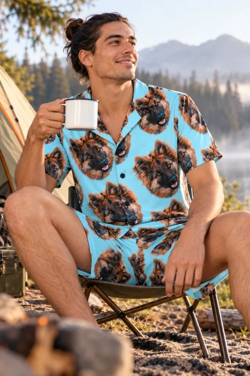 Man with an enamel mug at a lakeside campsite in light blue pajama shorts with German shepherd faces