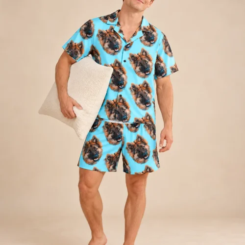 Men's Light Blue Pajama Shorts Set with Your Pet's Face
