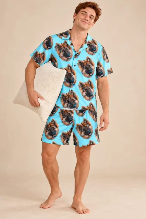 Men's Light Blue Pajama Shorts Set with Your Pet's Face