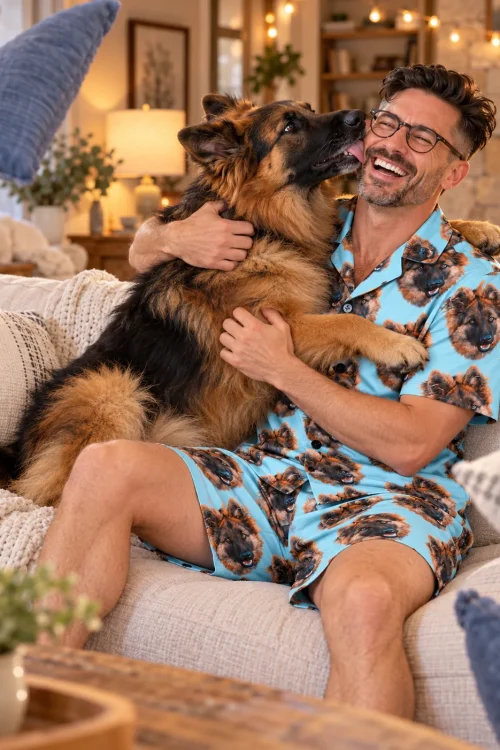 Laughing man on a sofa getting a kiss from his German shepherd, wearing light blue pajama shorts and shirt