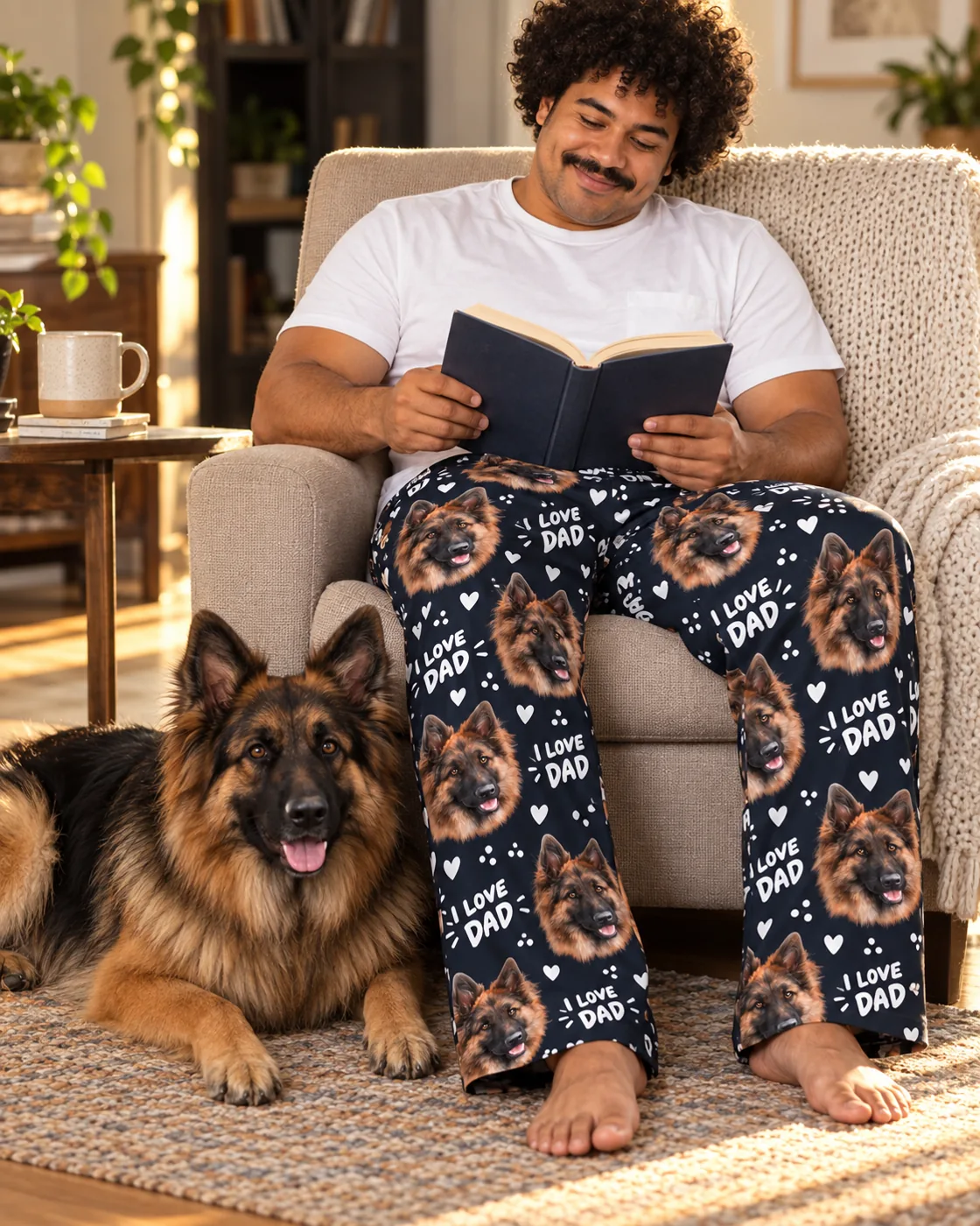 Mens pajamas: man reading in I Love Dad pajama pants with German shepherd faces, his German shepherd at his feet