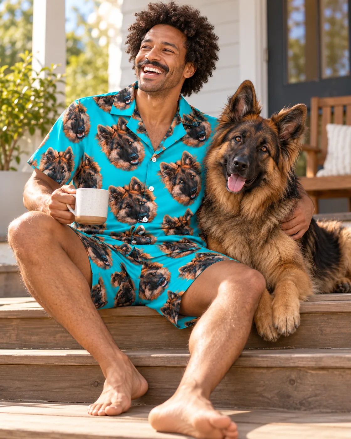 Mens pajamas: man on porch steps in a teal short pajama set with German shepherd faces hugging his dog