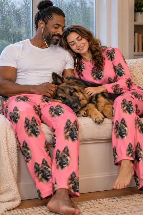 Couple in pink pajama pants with German Shepherd faces on a window seat as their German Shepherd naps