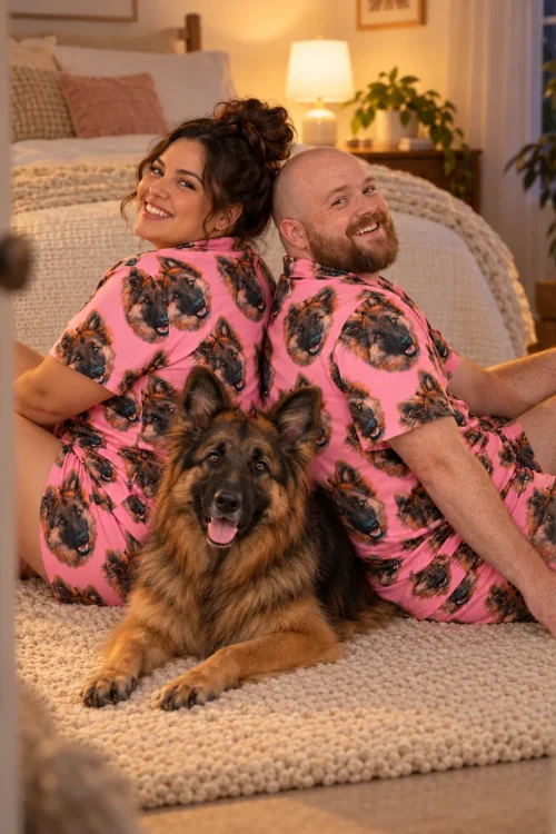 Couple sitting back to back on a bedroom rug in pink pajama sets, their German shepherd lying in front