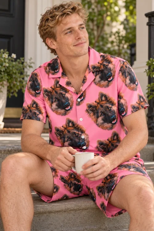 Man with a mug on front steps in a pink pajama set covered in German shepherd faces