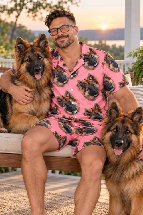 Man on a porch swing at sunset hugging two German shepherds, wearing a pink pajama set with their faces