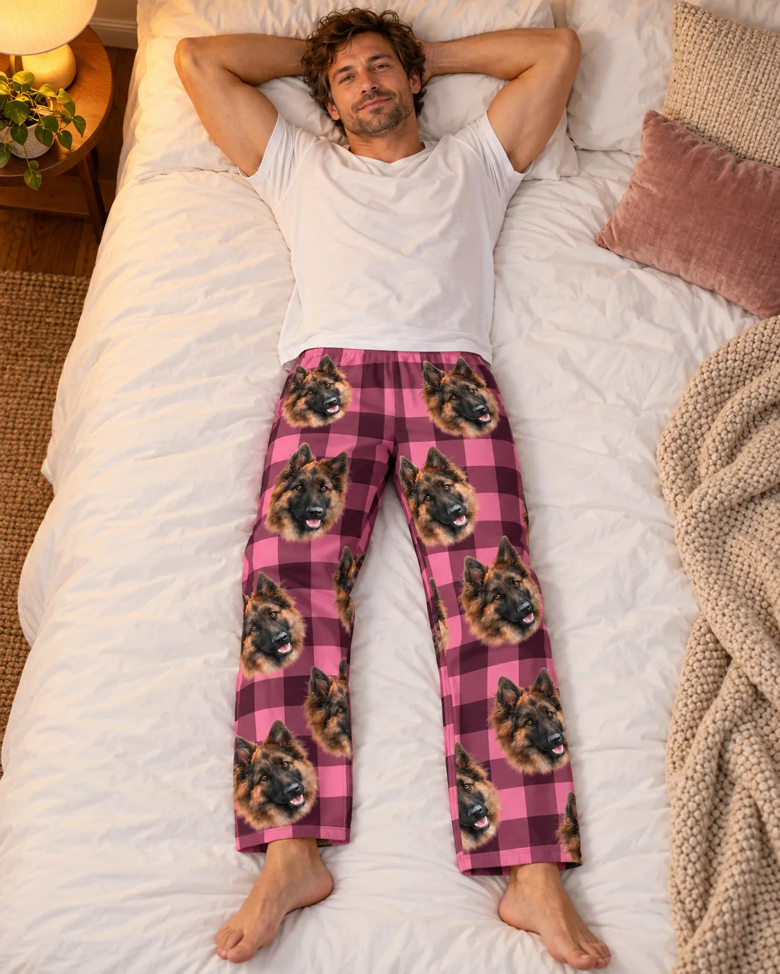 Man lying on a white bed in pink plaid pajama pants printed with German Shepherd faces