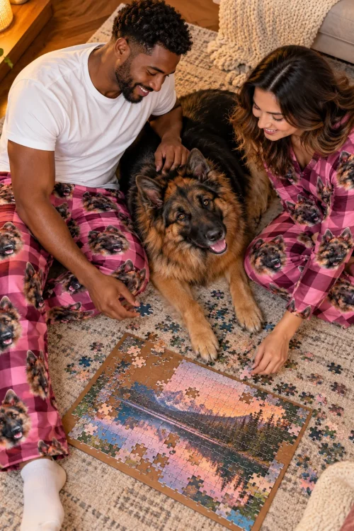 Couple in pink plaid pajama pants with German Shepherd faces doing a jigsaw puzzle on a rug with their dog