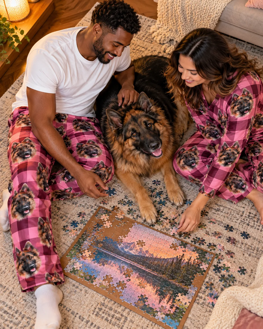 Couple in pink plaid pajama pants with German Shepherd faces doing a jigsaw puzzle on a rug with their dog