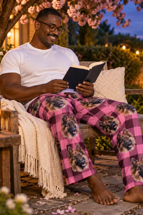 Man reading in a garden at dusk in pink plaid pajama pants with German Shepherd faces
