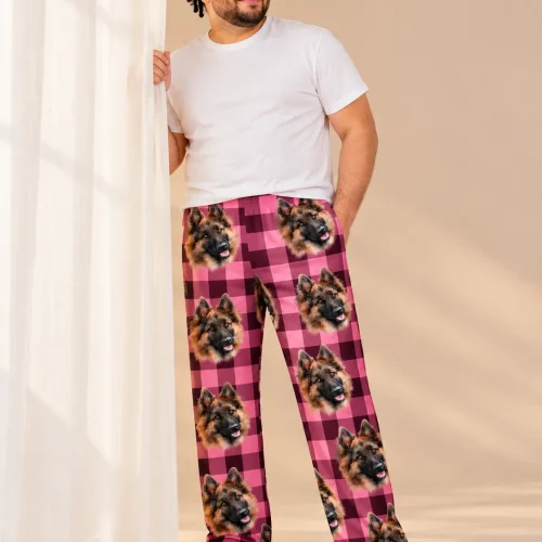 Men's Pink Plaid Pajama Pants with Your Pet's Face