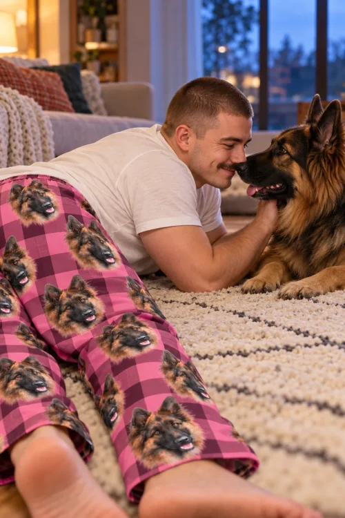 Man nose to nose with his German Shepherd on a rug, wearing pink plaid pajama pants with its face