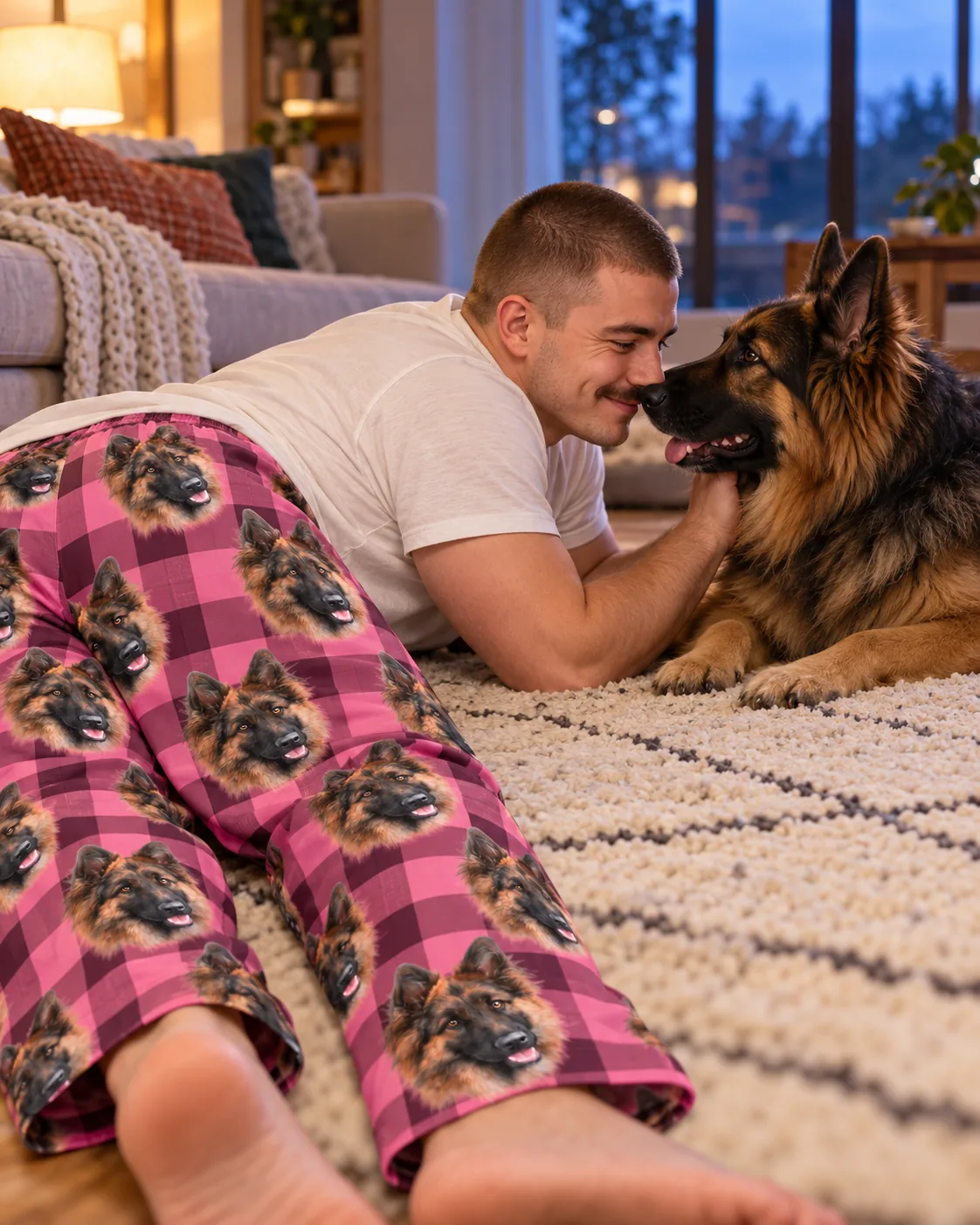 Man nose to nose with his German Shepherd on a rug, wearing pink plaid pajama pants with its face