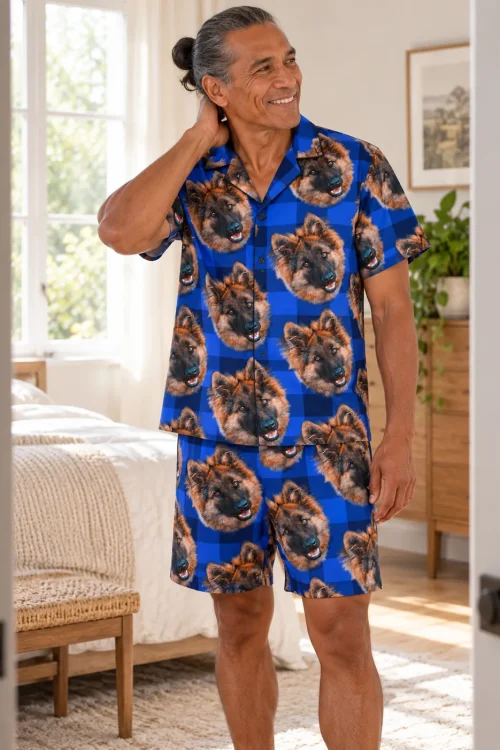 Man in a sunny bedroom doorway in blue plaid pajama shorts and shirt covered in German shepherd faces